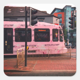Roze tram vierkante sticker