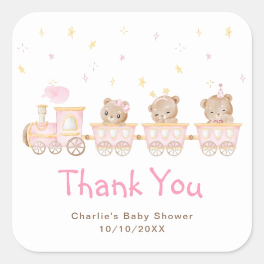 Roze Trein Baby Shower Bedankt Sticker (Voorkant)