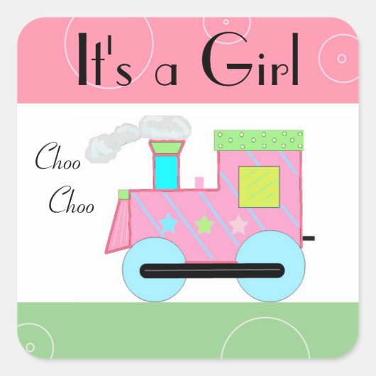 Roze Trein Baby Shower Vierkante Sticker (Voorkant)