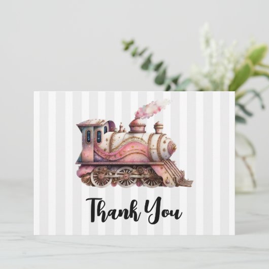 Roze Trein Engine  Steampunk Dank u Bedankkaart (Staand voorkant)
