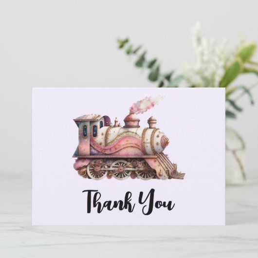 Roze Trein Engine  Steampunk Dank u Bedankkaart (Staand voorkant)