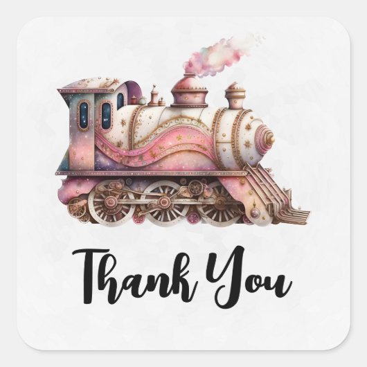 Roze Trein Engine  Steampunk Dank u Vierkante Sticker (Voorkant)