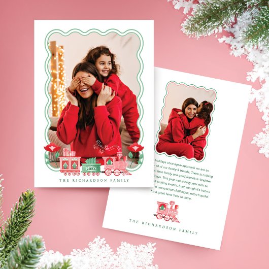 Roze  Trein Kerstboom Levering Foto Feestdagenkaart