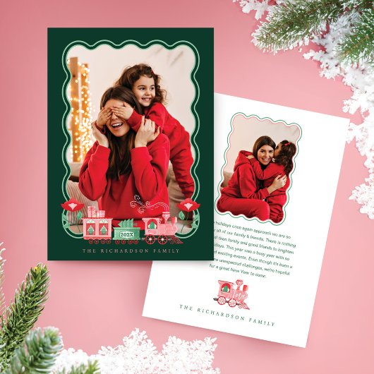 Roze Trein Kerstboom Levering Foto Feestdagenkaart