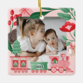 Roze  Trein Kerstboom Levering Foto Keramisch Ornament (Voorkant)