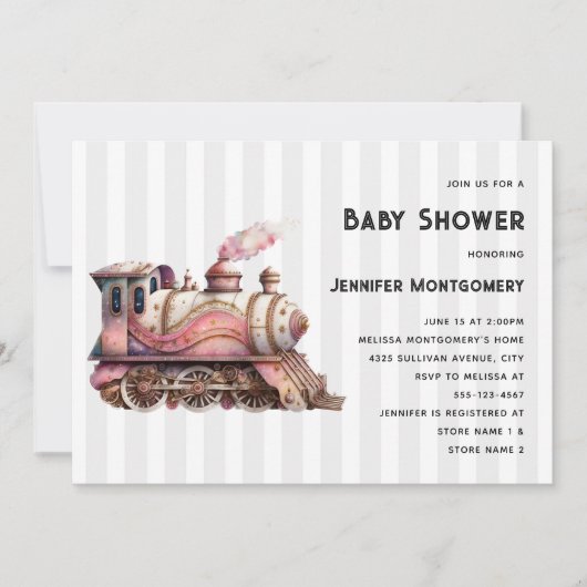 Roze Trein Motor  Steampunk Baby shower Kaart (Voorkant)