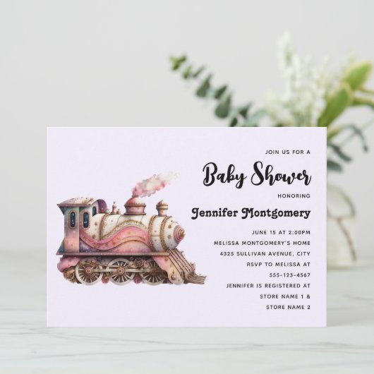 Roze Trein Motor Steampunk Baby shower Kaart (Staand voorkant)