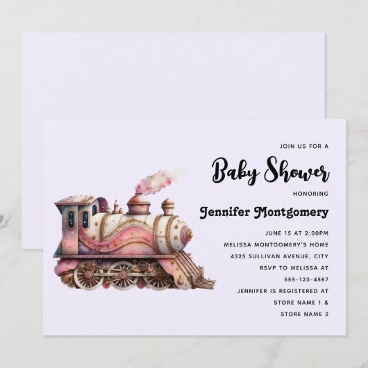 Roze Trein Motor Steampunk Baby shower Kaart (Voorkant / Achterkant)