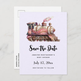Roze Treinmotor Steampunk Stijl Aankondigingskaart