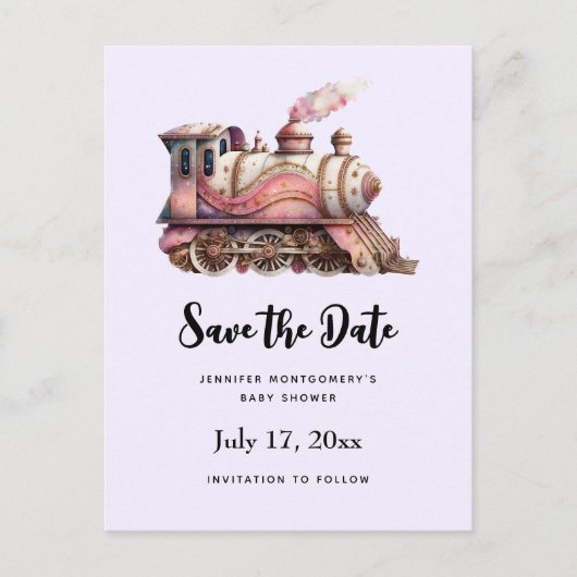 Roze Treinmotor Steampunk Stijl Aankondigingskaart (Voorkant)