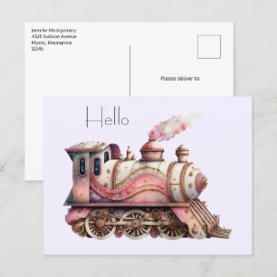 Roze Treinmotor  Steampunk Stijl Briefkaart