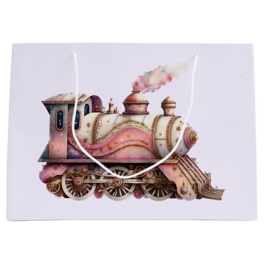 Roze Treinmotor  Steampunk Stijl Groot Cadeauzakje (Voorkant)