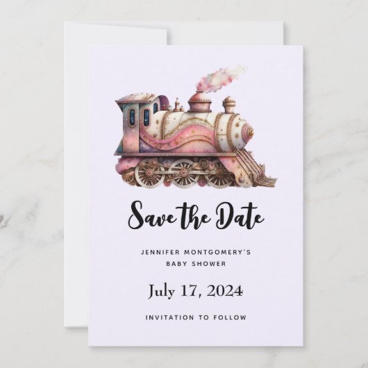 Roze Treinmotor  Steampunk Stijl Save The Date (Voorkant)