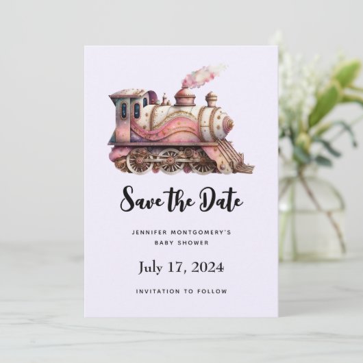 Roze Treinmotor Steampunk Stijl Save The Date (Staand voorkant)