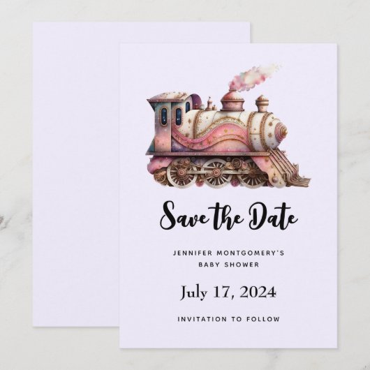 Roze Treinmotor  Steampunk Stijl Save The Date (Voorkant / Achterkant)