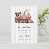 Roze Treinmotor  Steampunk Stijl Save The Date (Staand voorkant)