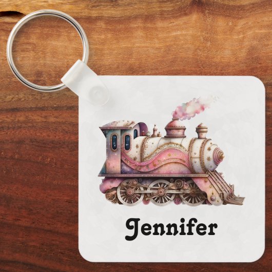 Roze Treinmotor  Steampunk Stijl Sleutelhanger (Voorkant)