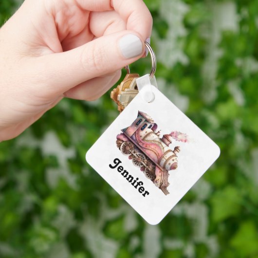 Roze Treinmotor Steampunk Stijl Sleutelhanger (Hand)