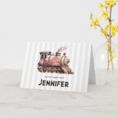 Roze Treinmotor  Steampunk Stijl Verjaardag Kaart (Gele Bloem)