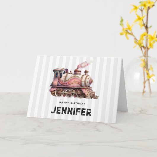 Roze Treinmotor Steampunk Stijl Verjaardag Kaart (Gele Bloem)