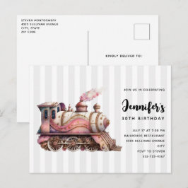 Roze Treinmotor Steampunk Stijl Verjaardag Uitnodiging Briefkaart