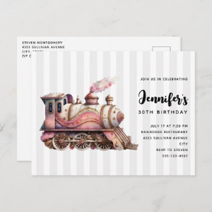Roze Treinmotor  Steampunk Stijl Verjaardag Uitnodiging Briefkaart