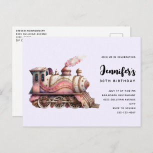 Roze Treinmotor  Steampunk Stijl Verjaardag Uitnodiging Briefkaart