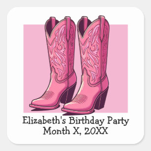 Roze Trendy Cowgirl Boots Meisje Verjaardagsfeestj Vierkante Sticker