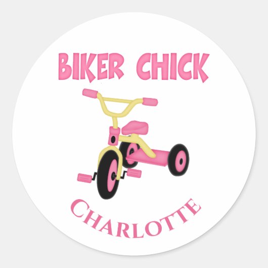 Roze Tricycle Biker Chick Ronde Sticker (Voorkant)