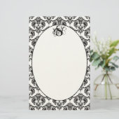 Roze Trim Zwart Damast Monogram Gerecycled papier (Staand voorkant)