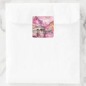 Roze Trolly Auto Cityscape Illustratie Vierkante Sticker (Tas)