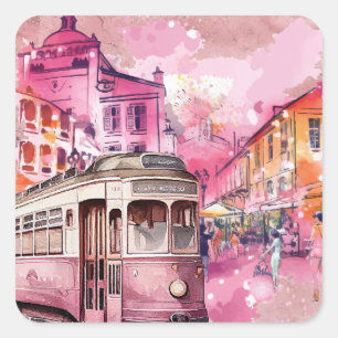 Roze Trolly Auto Cityscape Illustratie Vierkante Sticker