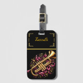Roze trompet omringd door muzieknoten bagagelabel (Voorkant (verticaal))