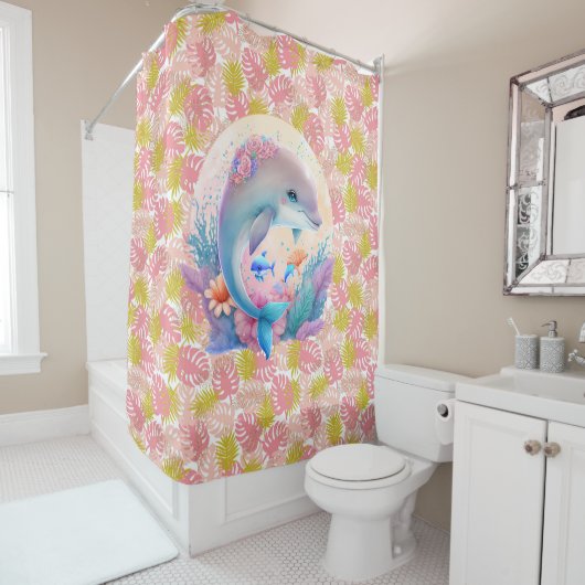 Roze tropen met Dolphin Shower Curtain Douchegordijn (In situ)