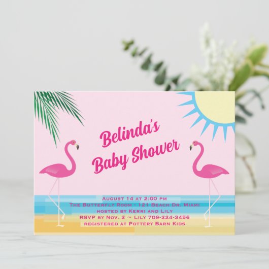 Roze Tropical Beach Baby shower Uitnodiging (Staand voorkant)