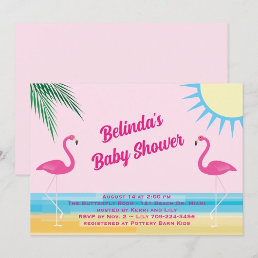 Roze Tropical Beach Baby shower Uitnodiging (Voorkant / Achterkant)