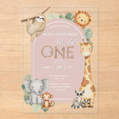 Roze Tropical Wild One Oerwoud Safari Dieren Acryl Uitnodigingen (Voorkant)