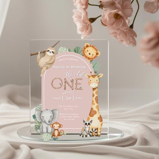 Roze Tropical Wild One Oerwoud Safari Dieren Acryl Uitnodigingen