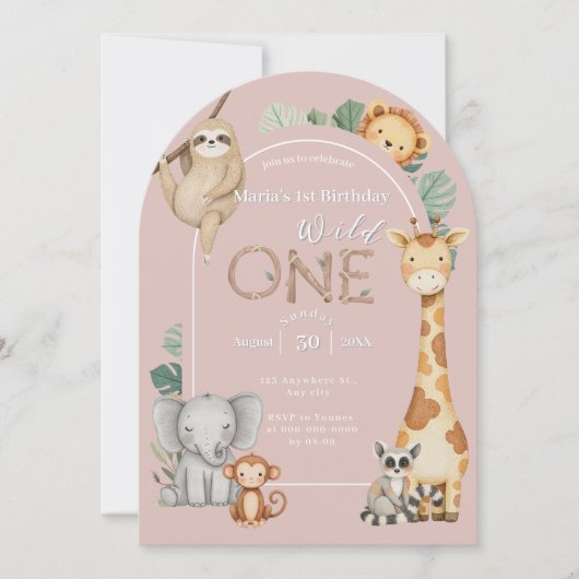 Roze Tropical Wild One Oerwoud Safari Dieren Kaart (Voorkant)