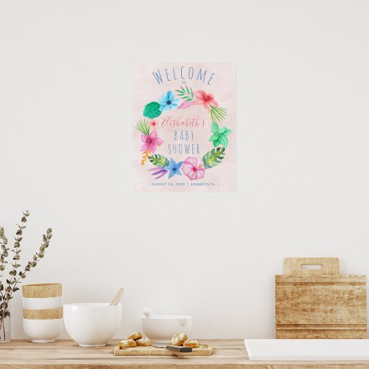 Roze, tropisch baby shower, welkomstbord poster (Keuken)