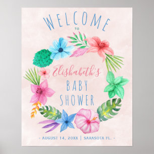 Roze, tropisch baby shower, welkomstbord poster