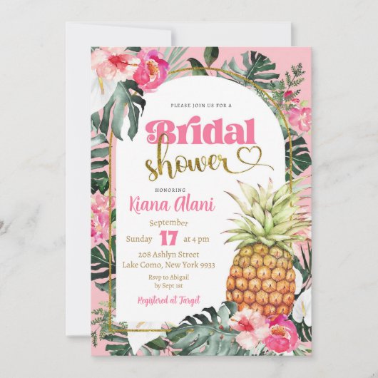 Roze Tropisch Bloemen Ananas Vrijgezellenfeest Kaart (Voorkant)