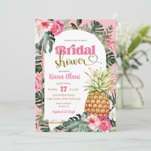 Roze Tropisch Bloemen Ananas Vrijgezellenfeest Kaart (Staand voorkant)