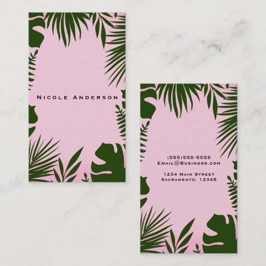 Roze Tropisch Groen Bladeren Botanische Elegant Ch Visitekaartje (Voorkant / Achterkant)