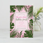 Roze tropisch groen verlaat zomerverjaardagsfeest kaart (Staand voorkant)