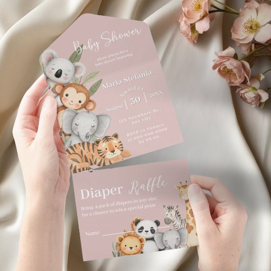 Roze Tropisch Oerwoud Safari Baby shower Dieren All In One Uitnodiging