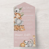 Roze Tropisch Oerwoud Safari Baby shower Dieren All In One Uitnodiging (Binnen)