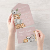 Roze Tropisch Oerwoud Safari Baby shower Dieren All In One Uitnodiging (Afscheurbaar)