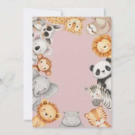 Roze Tropisch Oerwoud Safari Baby shower Dieren Kaart (Achterkant)