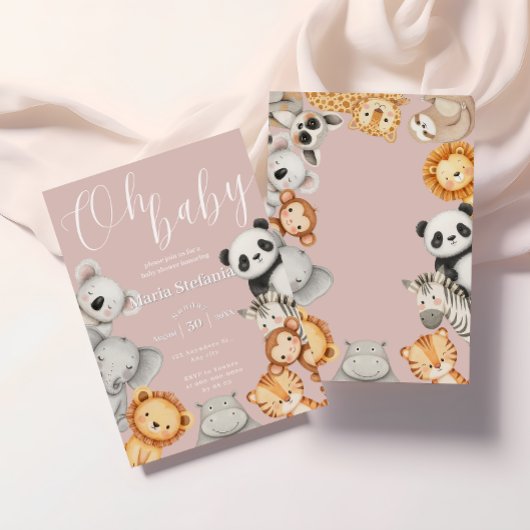 Roze Tropisch Oerwoud Safari Baby shower Dieren Kaart